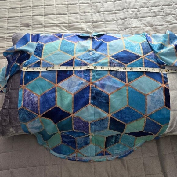 Vibrant blue, seafoam green and gold, silky blouse, size "M". - Picture 3 of 4